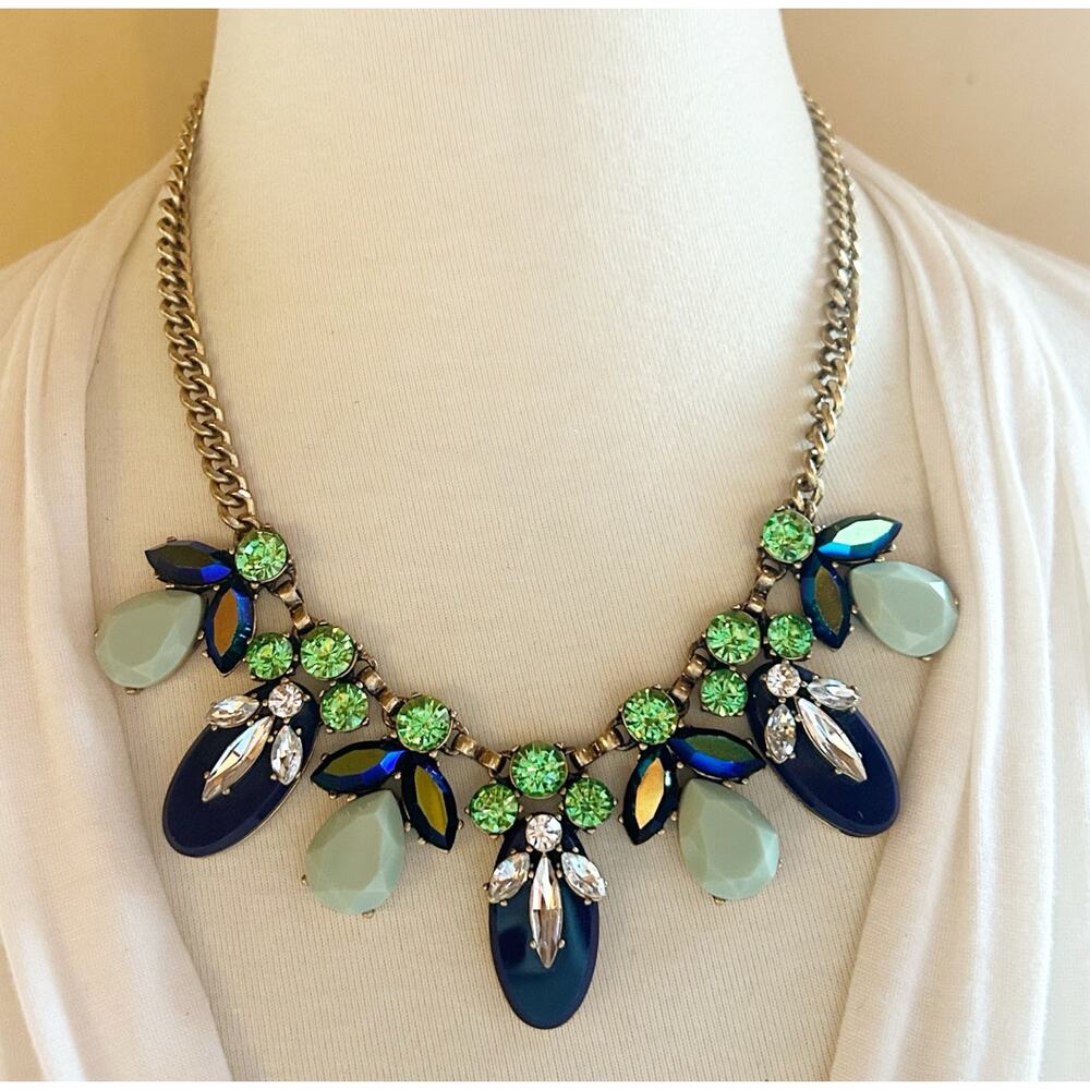J. Crew Blue & Green Floral Statement Necklace Gold Tone